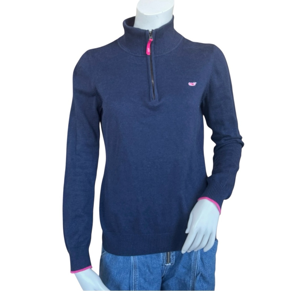 Vineyard Vines Navy Blue Pink Trim 1/2 Zip Cotton Pullover Sweater Size Medium